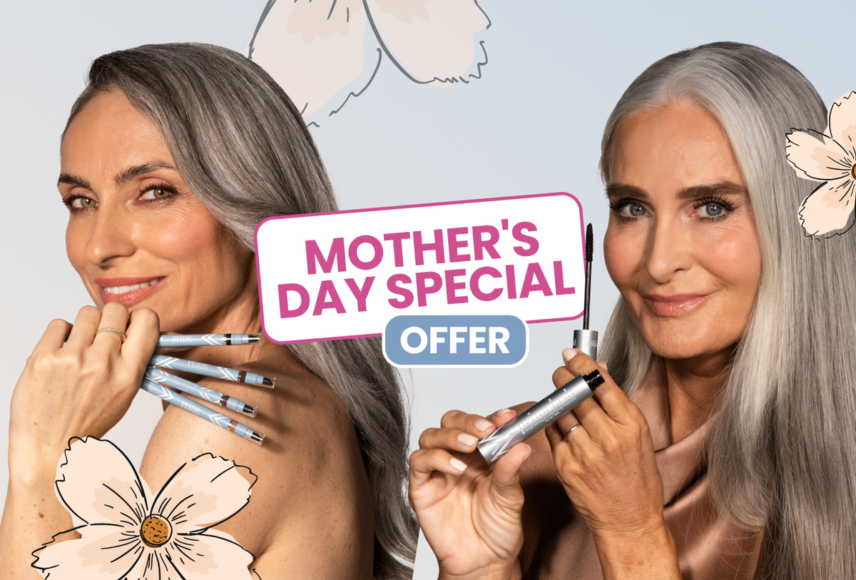 Two women with gray hair holding makeup brushes, with a 'Mother's Day Special Offer' sign.