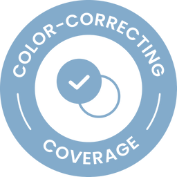 A blue circular badge with white text reading COLOR-CORRECTING COVERAGE and a central icon featuring a checkmark overlapping two circles.