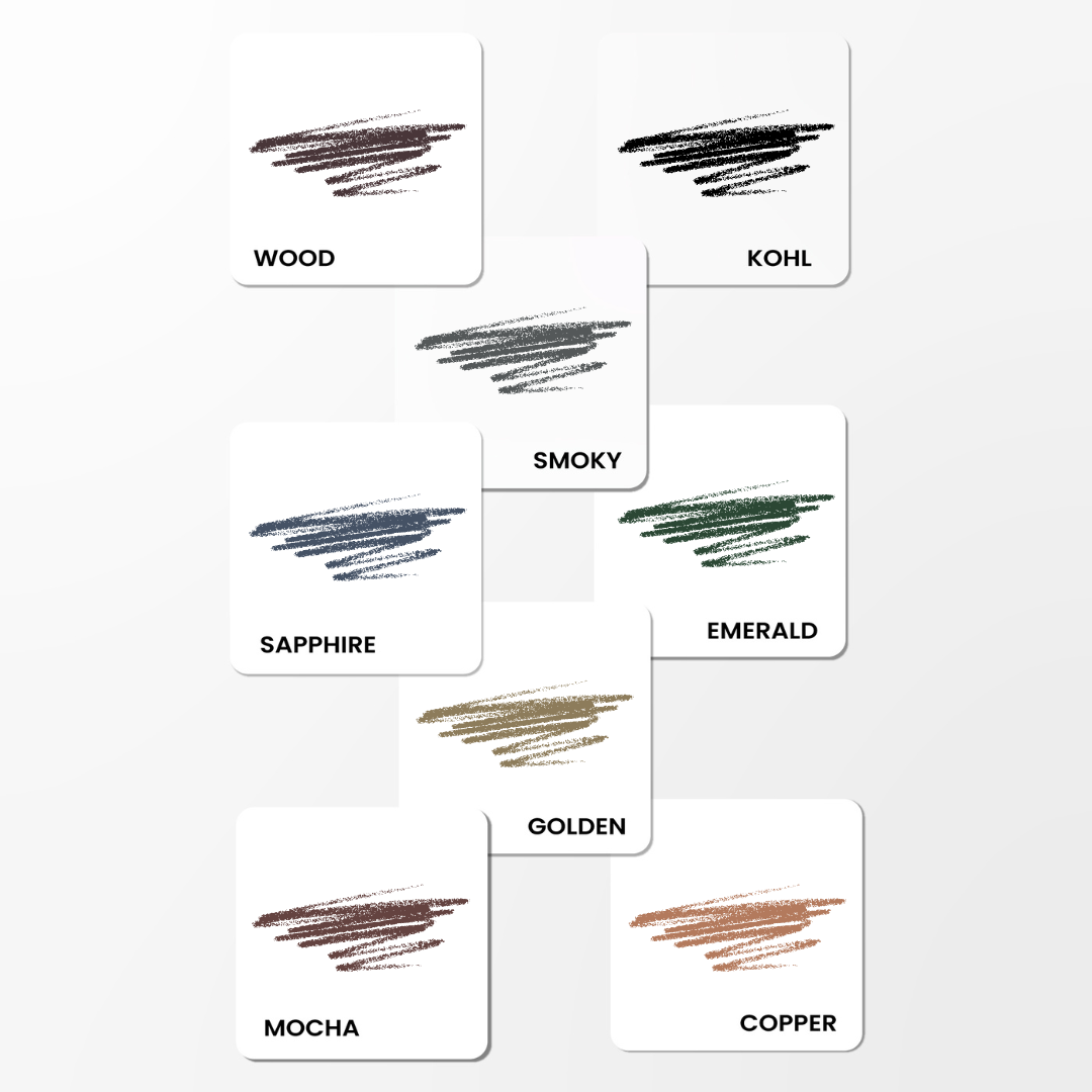 Seven square swatches display different eyeliner colors with scribble marks and labels: WOOD (brown), KOHL (black), SMOKY (gray), SAPPHIRE (blue), EMERALD (green), GOLDEN (gold), MOCHA (dark brown), and COPPER (bronze).