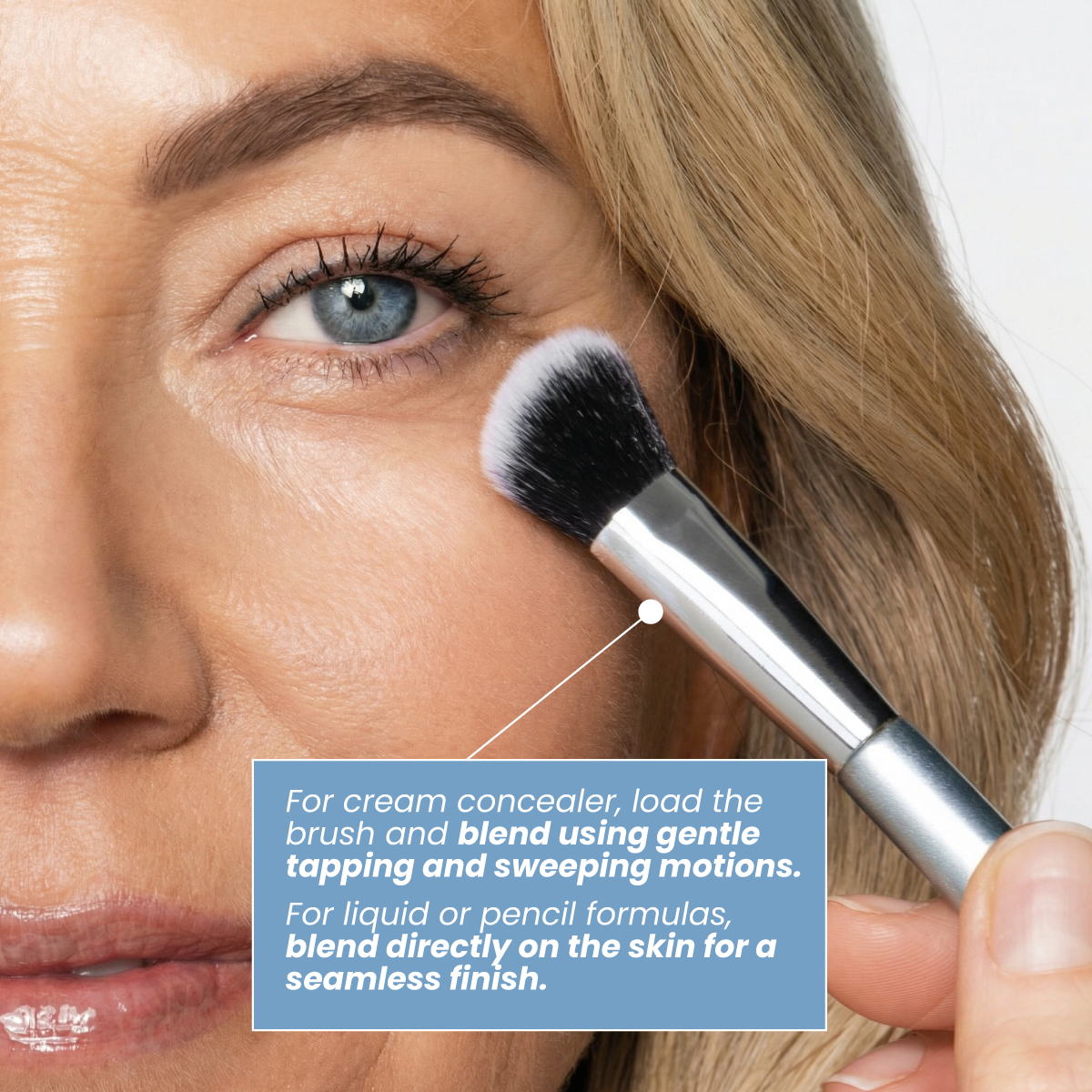 PrimeSkin Concealer Brush in use near the eye with instructions: for cream concealer load the brush and blend with gentle tapping and sweeping; for liquid or pencil formulas blend directly on the skin