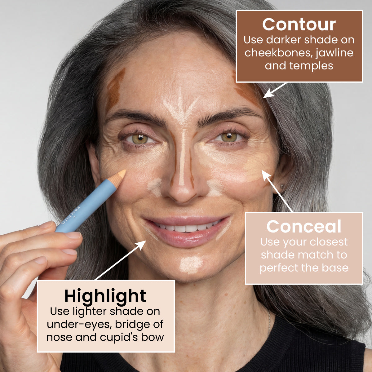 A woman applies makeup to her face, demonstrating contouring, highlighting, and concealing with labeled areas showing where to use darker, lighter, and matching shades. She holds a makeup pencil near her cheek.