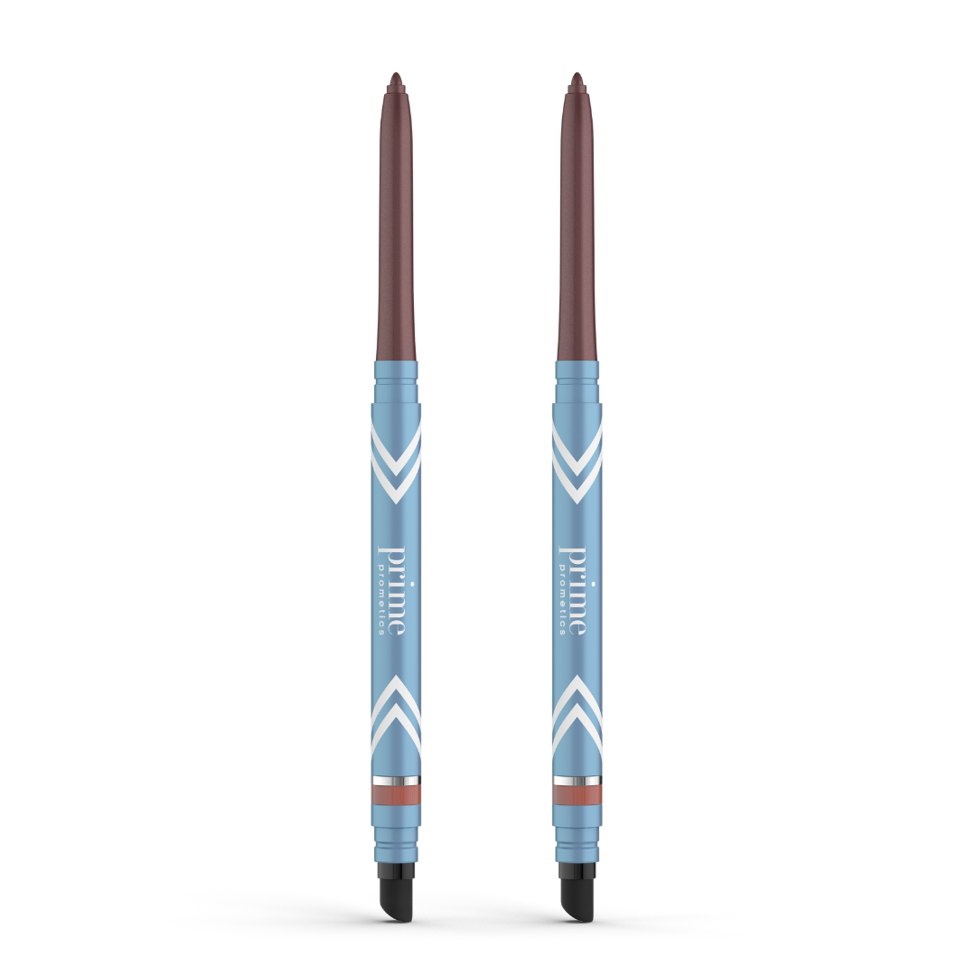 The 2pcs PrimeEyes Glide Eyeliner by PrimePrometics™ features brown tips, light blue and white geometric barrels, built-in black spoolie brushes, and "prime" printed on each—ideal for your pro-age eyeliner routine.