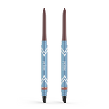 The 2pcs PrimeEyes Glide Eyeliner by PrimePrometics™ features brown tips, light blue and white geometric barrels, built-in black spoolie brushes, and "prime" printed on each—ideal for your pro-age eyeliner routine.
