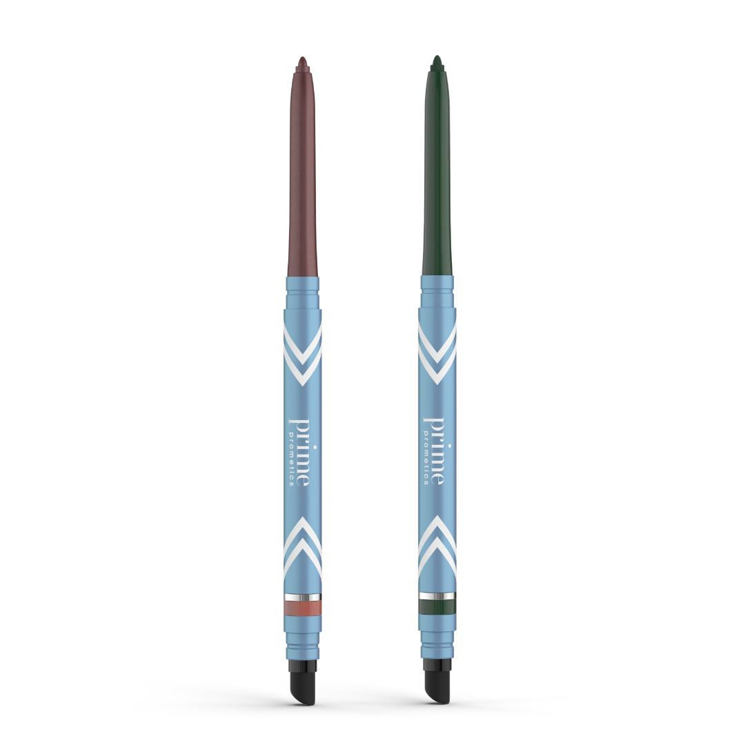 Two PrimePrometics™ PrimeEyes Glide Eyeliners with blue barrels stand upright—one brown, one dark green. Both have water-resistant formulas and built-in smudgers, making them perfect eyeliners for mature eyelids.