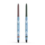 Two PrimePrometics™ PrimeEyes Glide Eyeliners with blue barrels stand upright—one brown, one dark green. Both have water-resistant formulas and built-in smudgers, making them perfect eyeliners for mature eyelids.