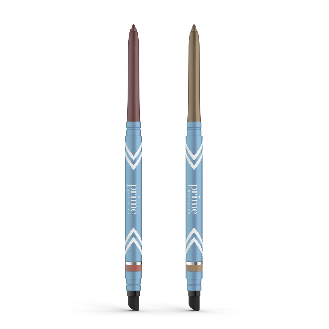 The PrimePrometics™ 2pcs PrimeEyes Glide Eyeliner set includes blue and white chevron-patterned brown and gold pencils with black smudger ends—ideal for pro-age makeup on mature eyelids.
