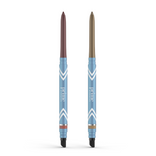 The PrimePrometics™ 2pcs PrimeEyes Glide Eyeliner set includes blue and white chevron-patterned brown and gold pencils with black smudger ends—ideal for pro-age makeup on mature eyelids.