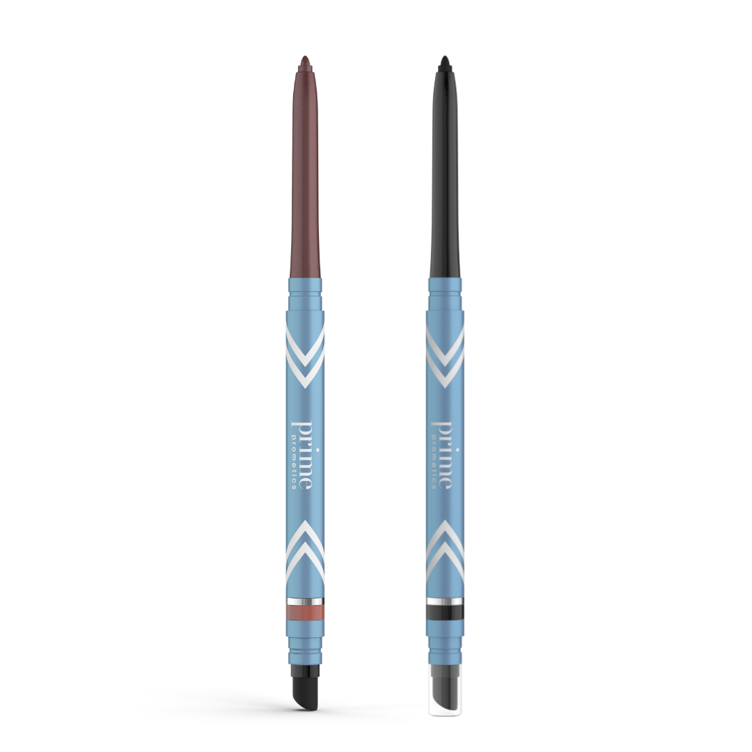 Two PrimePrometics™ 2pcs PrimeEyes Glide Eyeliners, one brown and one black, feature light blue chevron casings and smudger tips—perfect for pro-age looks with easy, water-resistant application.