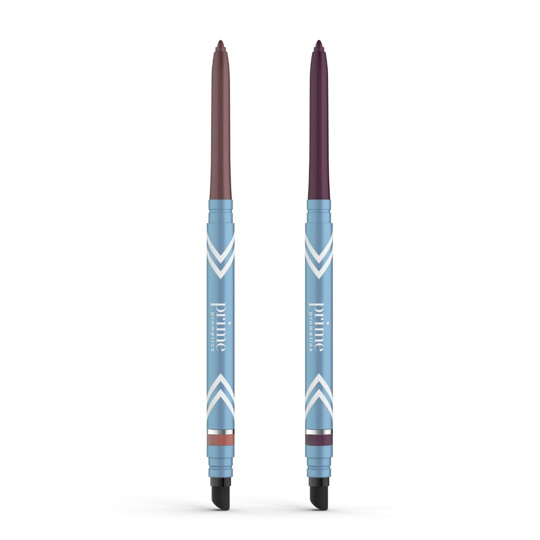 Two PrimePrometics™ PrimeEyes Glide Eyeliners, each blue with a white chevron design, stand side by side. Each features water-resistant formula for mature skin, dual dark tips, and built-in smudgers—perfect for flawless definition.