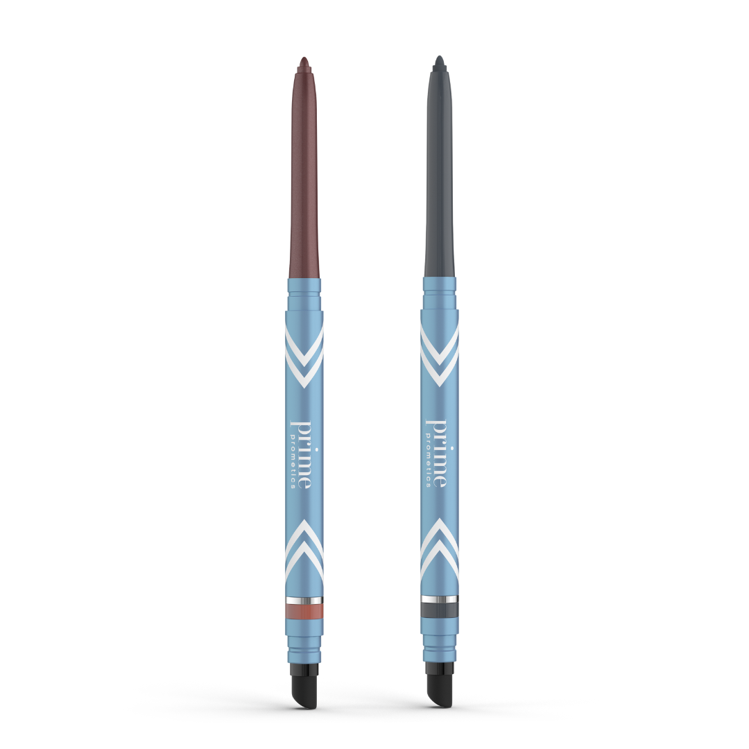 Two PrimePrometics™ 2pcs PrimeEyes Glide Eyeliner pencils, in brown and black, feature retractable, water-resistant tips and blending sponges for seamless pro-age looks. Light blue bodies with white chevron designs complete the stylish set.