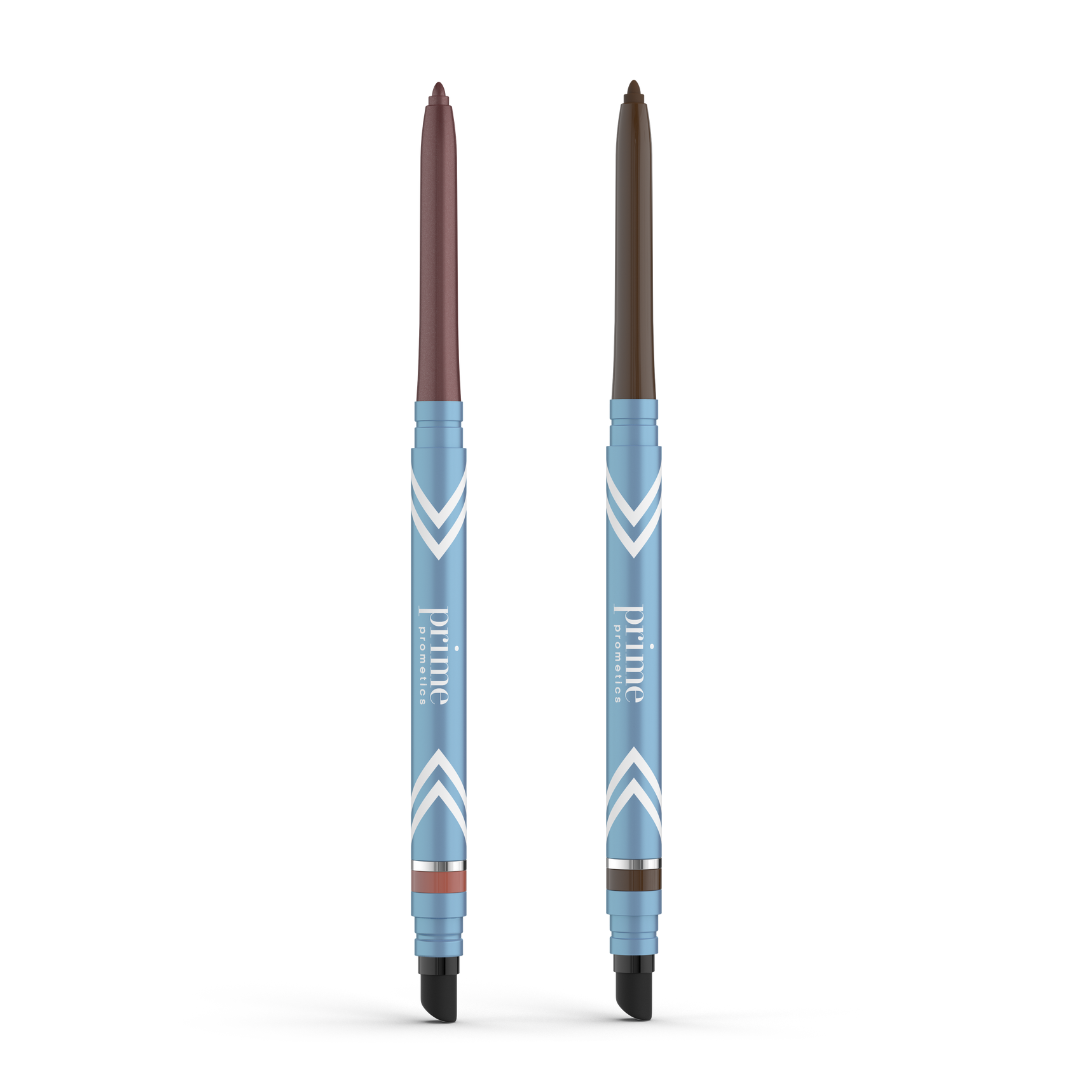 Two PrimePrometics™ PrimeEyes Glide Eyeliners with blue and silver chevron barrels stand upright—one mauve, one brown. Both are water-resistant, pro-age for mature eyelids, with sponge tips. Set includes 2pcs.