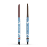 Two PrimePrometics™ PrimeEyes Glide Eyeliners with blue and silver chevron barrels stand upright—one mauve, one brown. Both are water-resistant, pro-age for mature eyelids, with sponge tips. Set includes 2pcs.