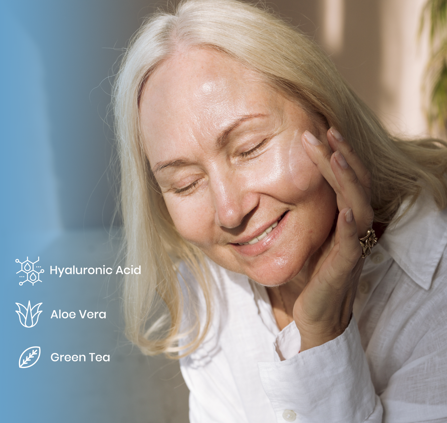 A smiling older woman applies cream to her cheek, basking in sunlight. Text beside her lists skincare ingredients: Hyaluronic Acid, Aloe Vera, and Green Tea, each with a corresponding icon.
