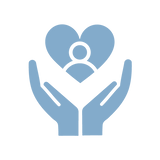 Blue icon of two open hands holding a heart shape with a person symbol inside, representing care, protection, or support for people.