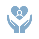 Blue icon of two open hands holding a heart with a person symbol inside it, representing care, support, or community assistance.
