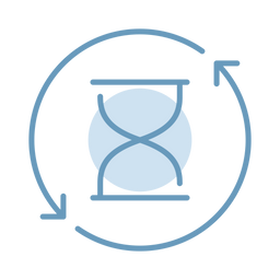 A blue hourglass inside a circular arrow, symbolizing the concept of time or renewal, with a light blue circle in the background.