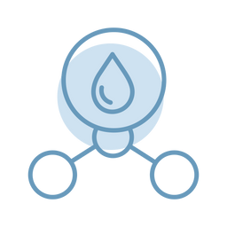 Blaue Strichzeichnung eines Wassertropfens in einem Kreis, der mit drei weiteren leeren Kreisen verbunden ist, auf hellblauem Hintergrund. Das Motiv suggeriert ein Netzwerk oder eine Verbindung, bei der Wasser oder Flüssigkeit eine Rolle spielen.