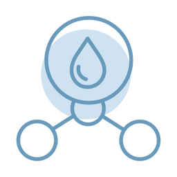 Blue outlined icon showing a central water droplet inside a circle, connected by lines to two empty circles below, suggesting water distribution or network concept.