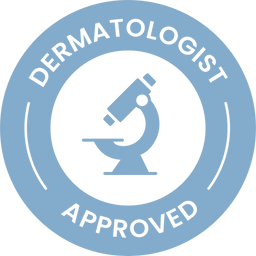 A blue circular badge with a microscope icon in the center and the words DERMATOLOGIST APPROVED around the edge.