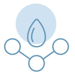 A simple blue line drawing of a water droplet above three connected circles, with a light blue circle in the background.