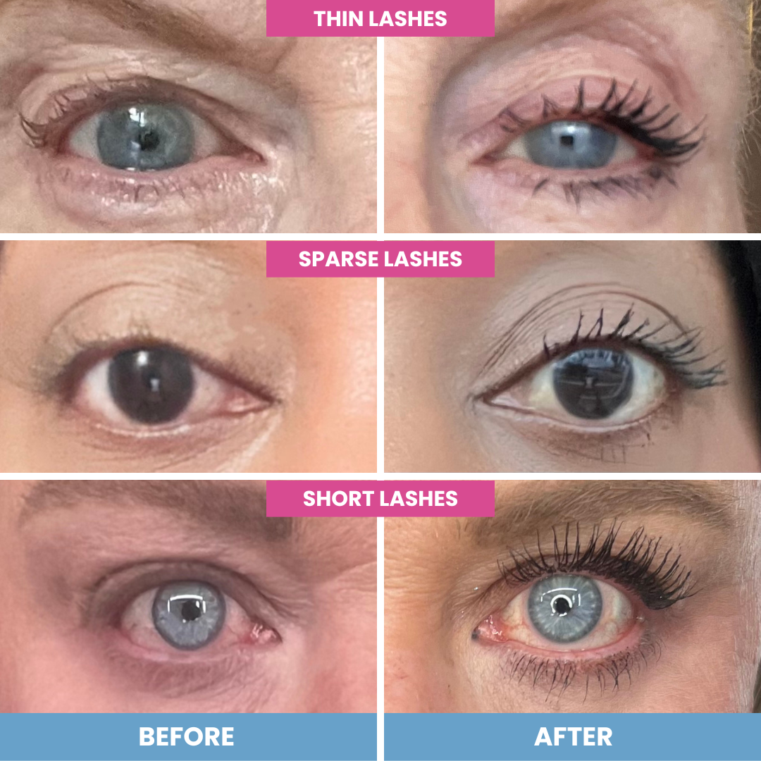 Before and after photos showing three sets of eyes with thin, sparse, and short lashes on the left, and the same eyes on the right with visibly fuller, longer, and darker eyelashes after treatment.