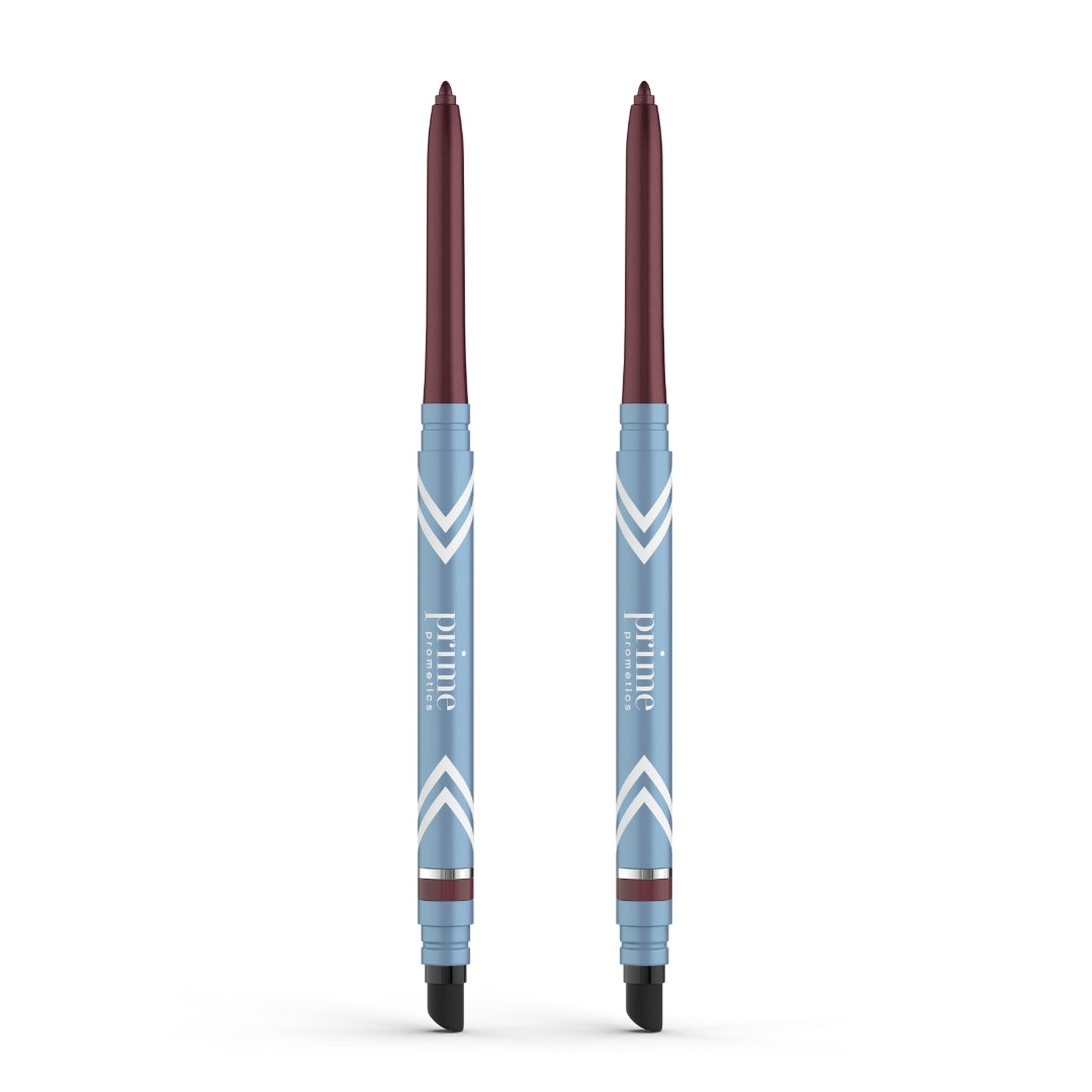 Two PrimePrometics™ PrimeEyes Glide eyeliners in blue stand upright, each with maroon tips, white chevrons, black smudgers, and "prime" printed vertically. This 2pcs set offers water-resistant eyeliner for mature skin.