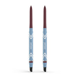 Two PrimePrometics™ PrimeEyes Glide eyeliners in blue stand upright, each with maroon tips, white chevrons, black smudgers, and "prime" printed vertically. This 2pcs set offers water-resistant eyeliner for mature skin.
