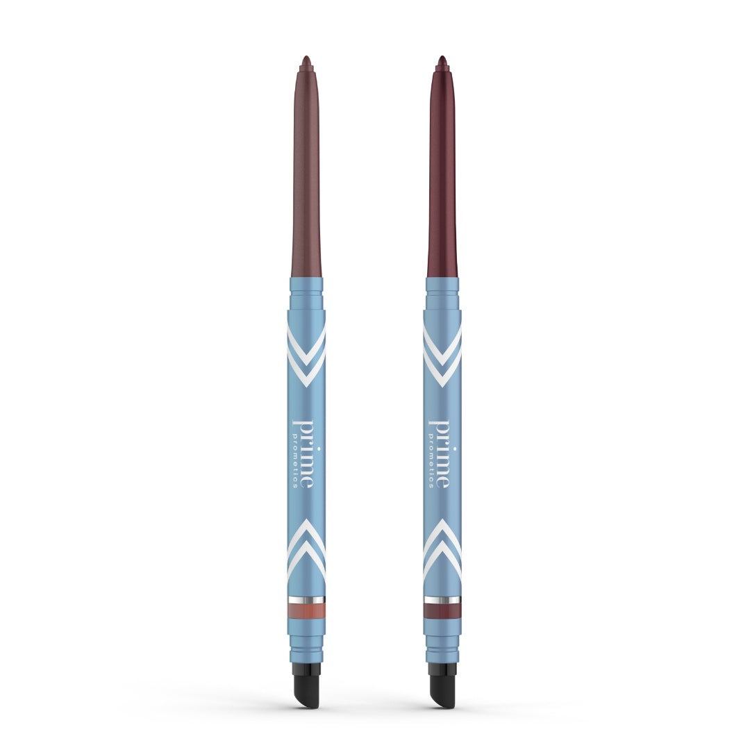 Two blue retractable 2pcs PrimeEyes Glide Eyeliner pencils by PrimePrometics™ stand upright, each with maroon tips, a white chevron design, 'prime' on the barrel, water-resistant formula, and built-in smudgers at the base.