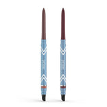 Two blue retractable 2pcs PrimeEyes Glide Eyeliner pencils by PrimePrometics™ stand upright, each with maroon tips, a white chevron design, 'prime' on the barrel, water-resistant formula, and built-in smudgers at the base.