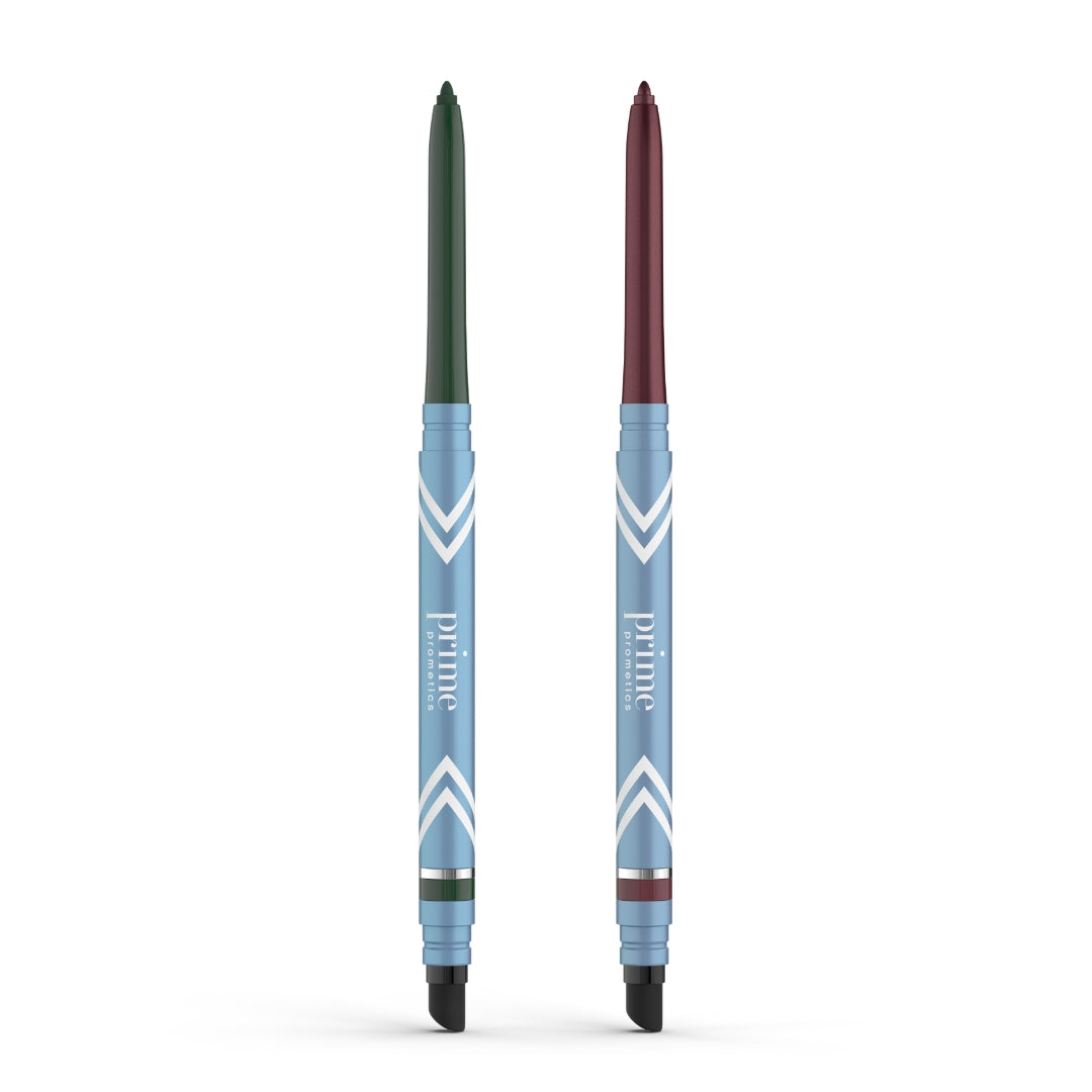 Two PrimePrometics™ 2pcs PrimeEyes Glide Eyeliners with blue barrels, white chevrons, and eraser tips—one dark green, one dark maroon tip and band—ideal for mature skin. Both stand upright on a white background.