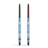Two PrimePrometics™ 2pcs PrimeEyes Glide Eyeliners with blue barrels, white chevrons, and eraser tips—one dark green, one dark maroon tip and band—ideal for mature skin. Both stand upright on a white background.