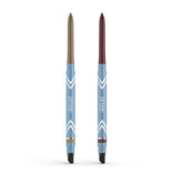 PrimePrometics™ 2pcs PrimeEyes Glide Eyeliner includes brown and burgundy retractable pencils with blue and white chevron barrels, each featuring a smudger. Water-resistant formula ideal for mature skin.