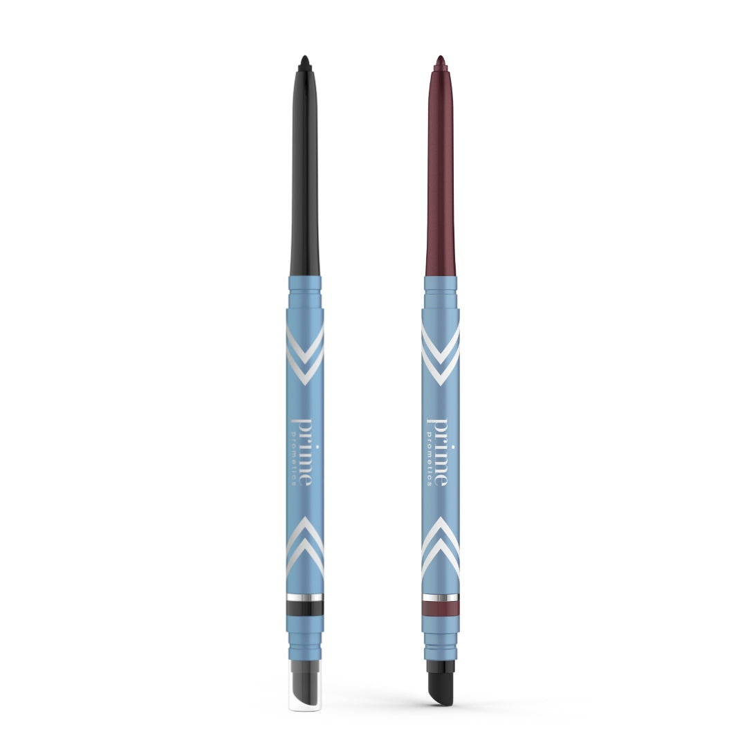 The 2pcs PrimeEyes Glide Eyeliner by PrimePrometics™ includes retractable pencils—one black, one dark burgundy—with blue barrels, chevron designs, and "prime" on the side. Water-resistant and ideal for mature skin.