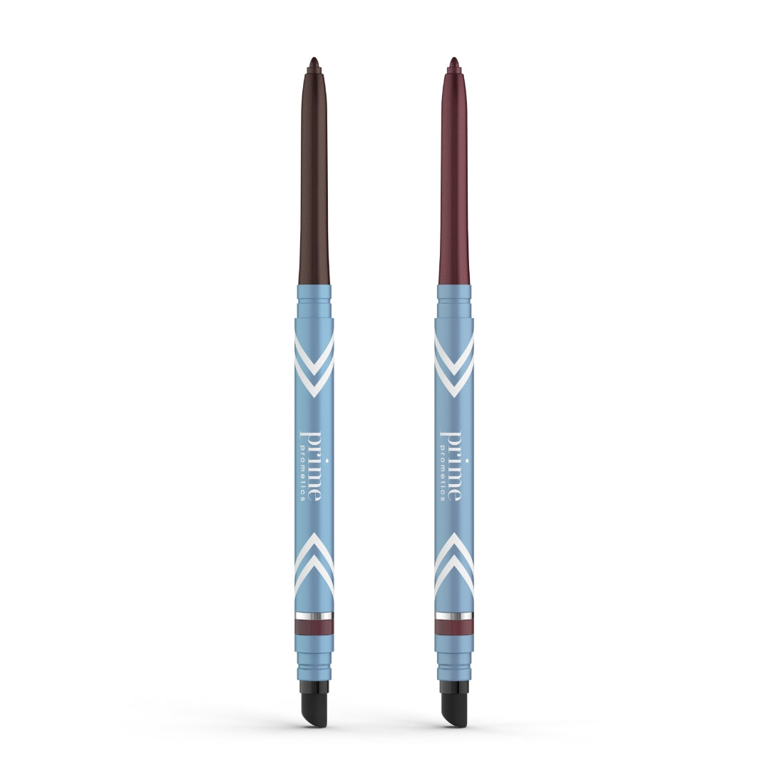 The 2pcs PrimeEyes Glide Eyeliner by PrimePrometics™ features blue twist-up pencils with chevron design, in brown and maroon shades. Each water-resistant eyeliner includes a built-in smudger—ideal for mature skin.