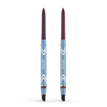 Two PrimePrometics™ 2pcs PrimeEyes Glide Eyeliner pencils with maroon tips, blue bodies, and white chevrons stand upright against a white background—ideal water-resistant eyeliner for mature skin.