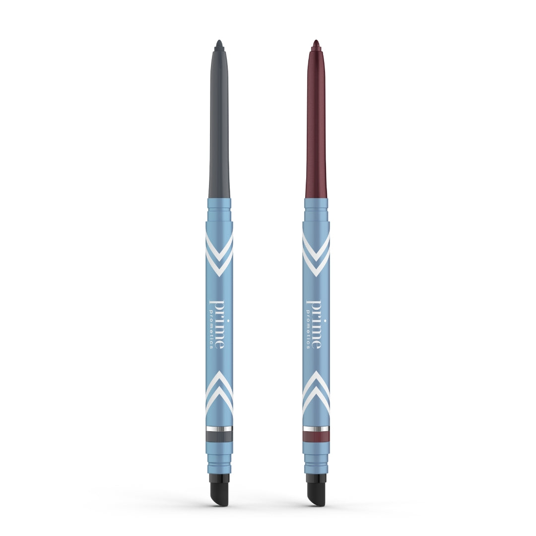 The 2pcs PrimeEyes Glide Eyeliner set by PrimePrometics™ features water-resistant pencils with light blue barrels, white chevron accents, dark gray and burgundy tips, and black smudgers for flawless blending.