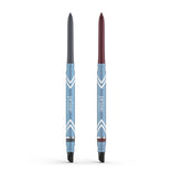 The 2pcs PrimeEyes Glide Eyeliner set by PrimePrometics™ features water-resistant pencils with light blue barrels, white chevron accents, dark gray and burgundy tips, and black smudgers for flawless blending.