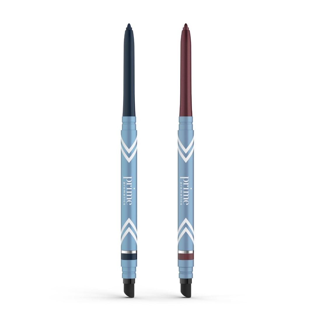 Two PrimePrometics™ 2pcs PrimeEyes Glide Eyeliners stand upright with light blue barrels, white chevron designs, water-resistant dark blue and burgundy tips, plus smudger ends for a flawless finish.