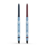 Two PrimePrometics™ 2pcs PrimeEyes Glide Eyeliners stand upright with light blue barrels, white chevron designs, water-resistant dark blue and burgundy tips, plus smudger ends for a flawless finish.