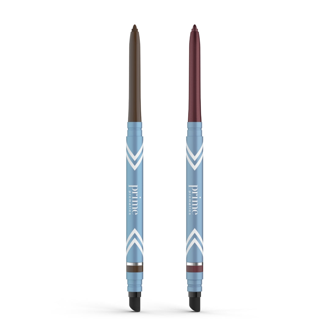 2pcs PrimeEyes Glide Eyeliner by PrimePrometics™: retractable pencils with light blue chevron casings, “prime” and “liner” printed. Water-resistant and ideal for mature skin, featuring brown and dark plum tips plus smudger ends.