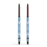 2pcs PrimeEyes Glide Eyeliner by PrimePrometics™: retractable pencils with light blue chevron casings, “prime” and “liner” printed. Water-resistant and ideal for mature skin, featuring brown and dark plum tips plus smudger ends.