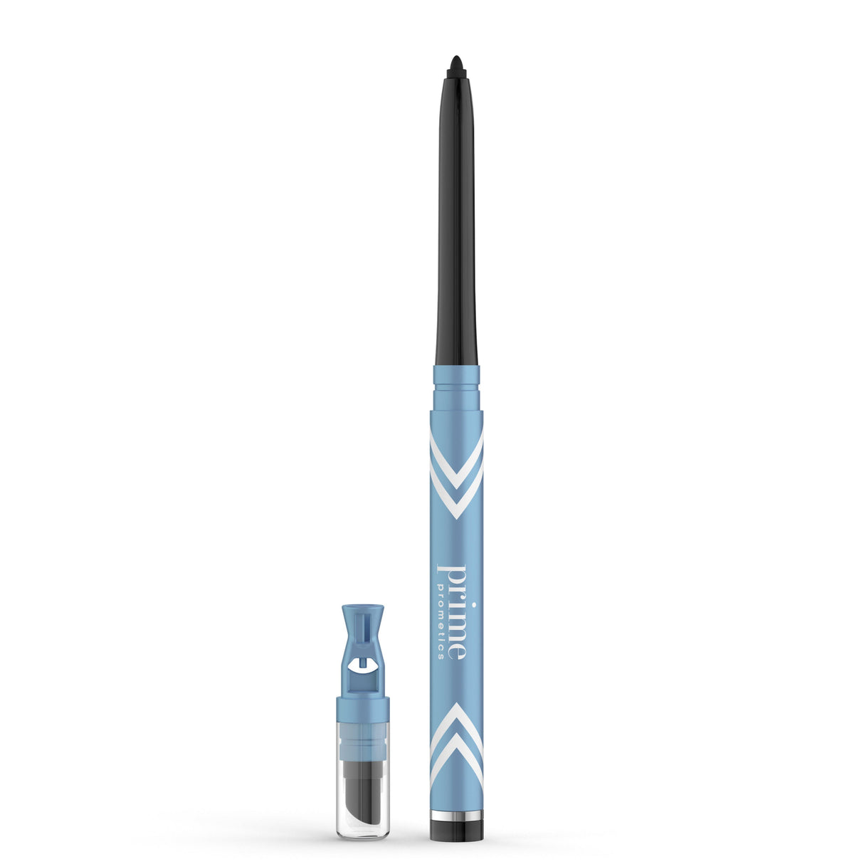 A blue retractable eyeliner pencil labeled prime stands upright with its cap off, next to a small transparent sharpener containing a black eyeliner tip. Both items are on a white background.