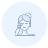 Line drawing of a woman with her hair in a bun, smiling and gently touching her cheek with a cotton pad, as if cleaning or applying skincare to her face.