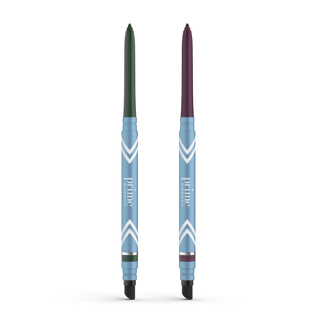 The PrimePrometics™ 2pcs PrimeEyes Glide Eyeliner set includes two twist-up, water-resistant pencils with blue chevron barrels—one green-tipped and one dark purple—both with smudgers, ideal pro-age eyeliners for mature skin.