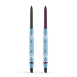 The PrimePrometics™ 2pcs PrimeEyes Glide Eyeliner set includes two twist-up, water-resistant pencils with blue chevron barrels—one green-tipped and one dark purple—both with smudgers, ideal pro-age eyeliners for mature skin.
