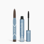 Two blue cosmetic products from the Iconic Matte Eye Kit by PrimePrometics™: a brown-tipped eyeshadow crayon on the left and an open mascara with black wand on the right, both in sleek metallic blue packaging with bold branding.