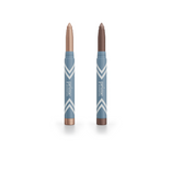 Two PrimePrometics™ 2pcs PrimeEyes Eye Brightener sticks, one light beige and one dark brown with blue and white chevron packaging, offer effortless eye care as your new go-to brighteners.