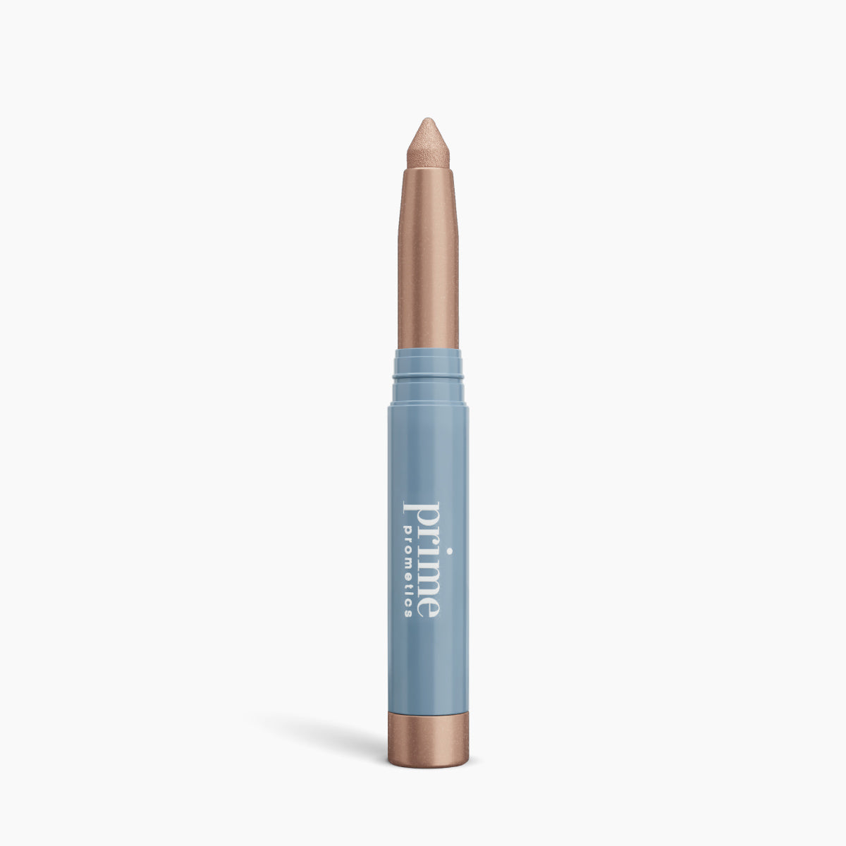 The Mini PrimeEyes Brightener by PrimePrometics™ is a shimmery beige eyeshadow stick with a twist-up design and a blue barrel, displayed against a white background.