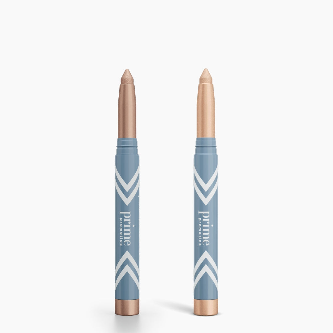 Two PrimePrometics™ 2pcs PrimeEyes Eye Brightener sticks with rose gold caps—one capped, one revealing its light shimmer tip. "prime" appears in white on the label. Ideal for luminous eye care. Set on a white background.