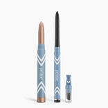 The PrimePrometics™ Eye Lift Duo includes a shimmery illuminating eye tint, a water-resistant eyeliner for women over 50, and a small clear sharpener, all in blue packaging with white chevrons on a white background.
